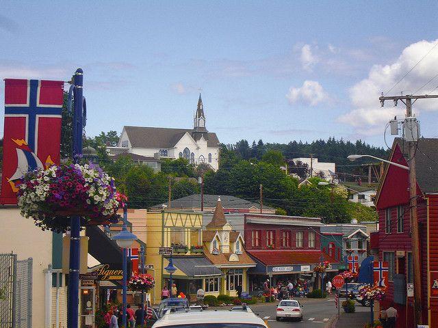 The buildings and trees in Downtown Poulsbo
