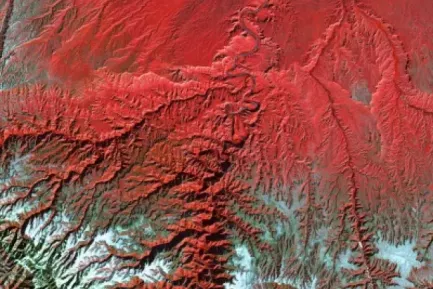 Mapping software displays the mountainous regions of an area in 3D showing elevation.